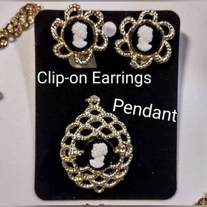 Vintage Cameo Clip Earrings & Pendant set